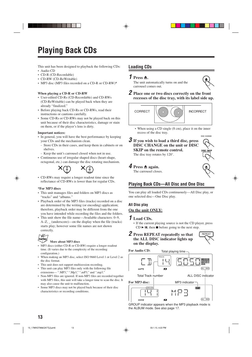 Cd mode, Disc compatibility, Loading cd's | Playing cd's, Playing back cds, Loading cds, Playing back cds—all disc and one disc | JVC MX-GA77 User Manual | Page 16 / 44