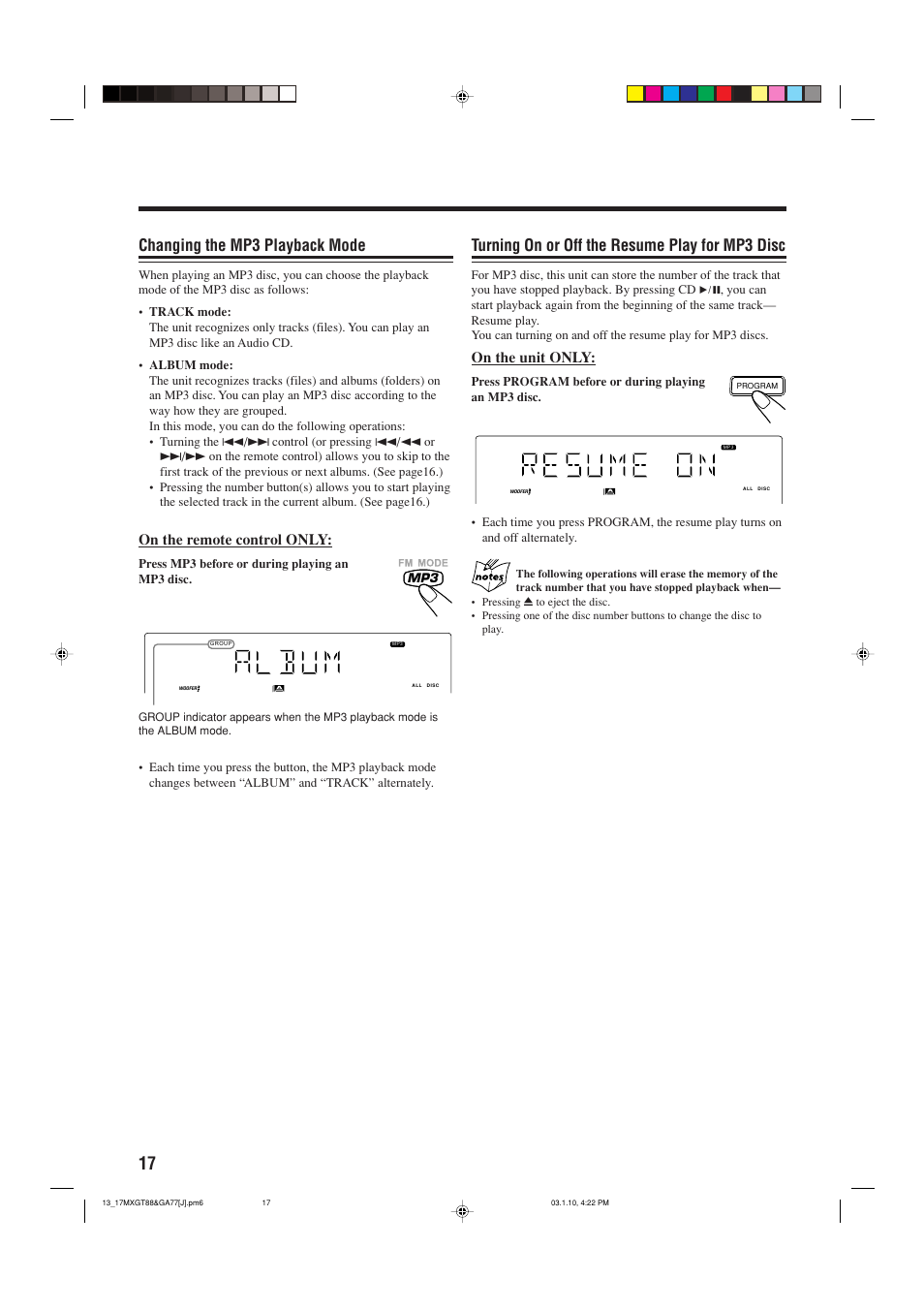 Changing mp3 playback mode, Resume play on / off for mp3 playback, Turning on or off the resume play for mp3 disc | Changing the mp3 playback mode, On the unit only, On the remote control only | JVC MX-GA77 User Manual | Page 20 / 44