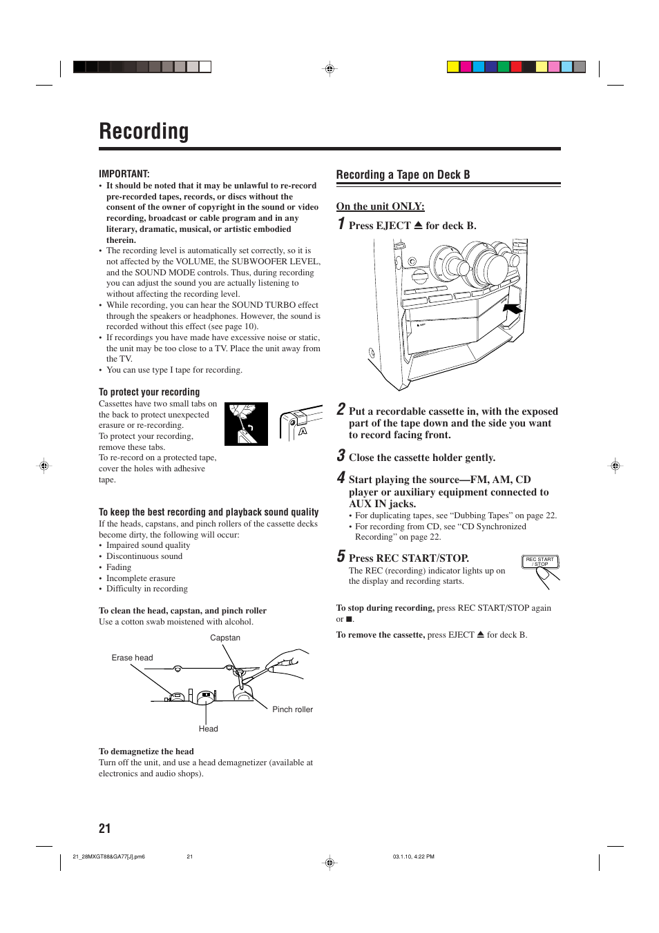 Recording | JVC MX-GA77 User Manual | Page 24 / 44