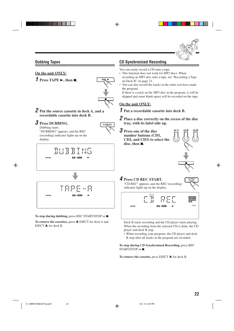 Dubbing tapes, Cd synchro recording, Cd synchronized recording | JVC MX-GA77 User Manual | Page 25 / 44