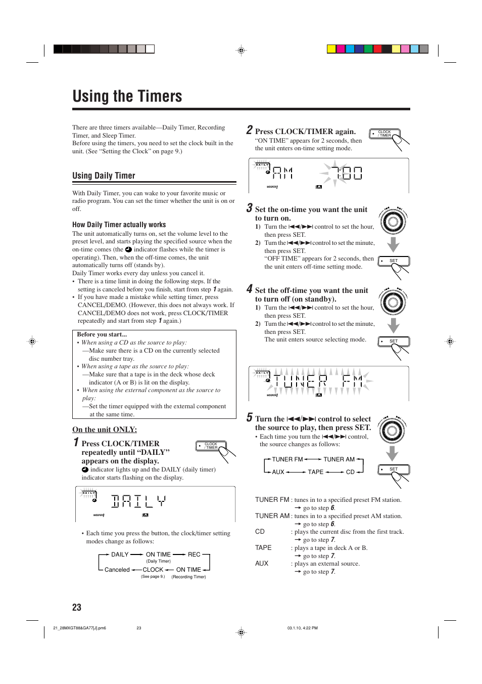 Using timers, Daily timer, Using the timers | Using daily timer | JVC MX-GA77 User Manual | Page 26 / 44