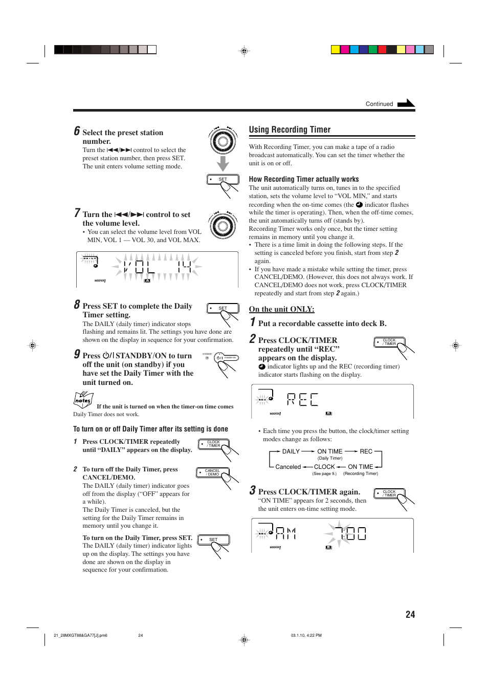 Recording timer, Using recording timer | JVC MX-GA77 User Manual | Page 27 / 44