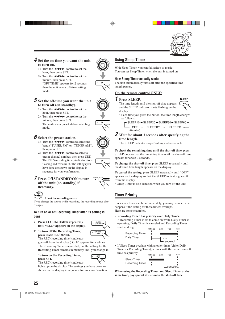 Sleep timer, Timer priority, Using sleep timer | JVC MX-GA77 User Manual | Page 28 / 44