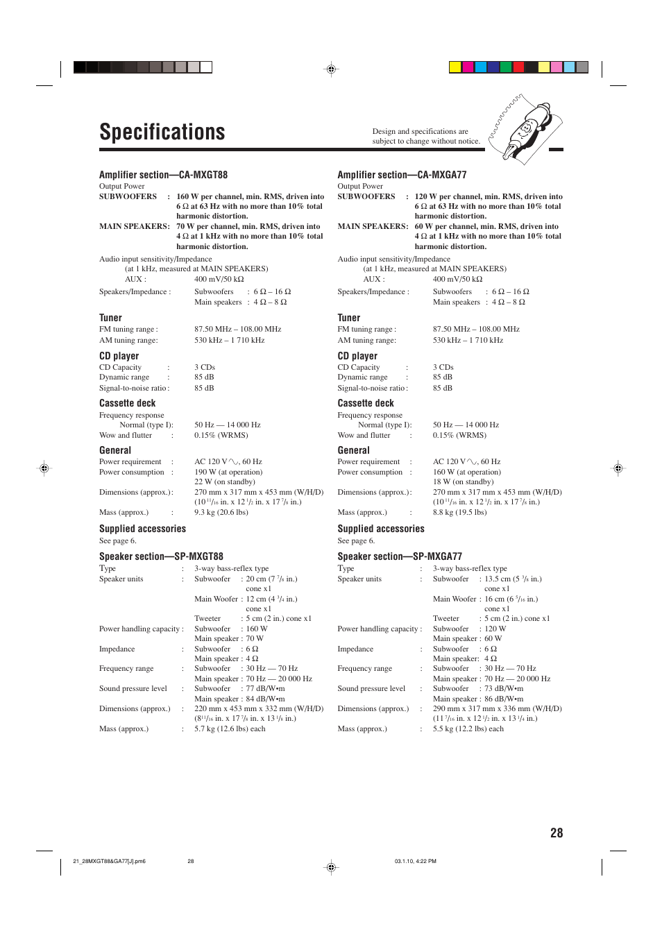 Specs, Specifications | JVC MX-GA77 User Manual | Page 31 / 44
