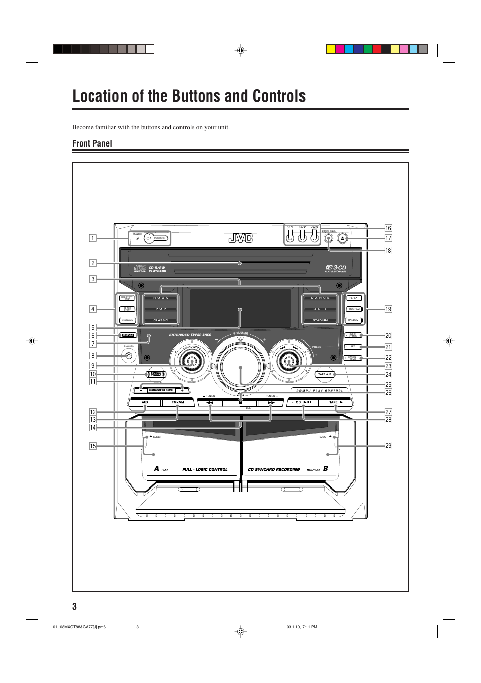 Front panel controls, Location of the buttons and controls, Front panel | JVC MX-GA77 User Manual | Page 6 / 44