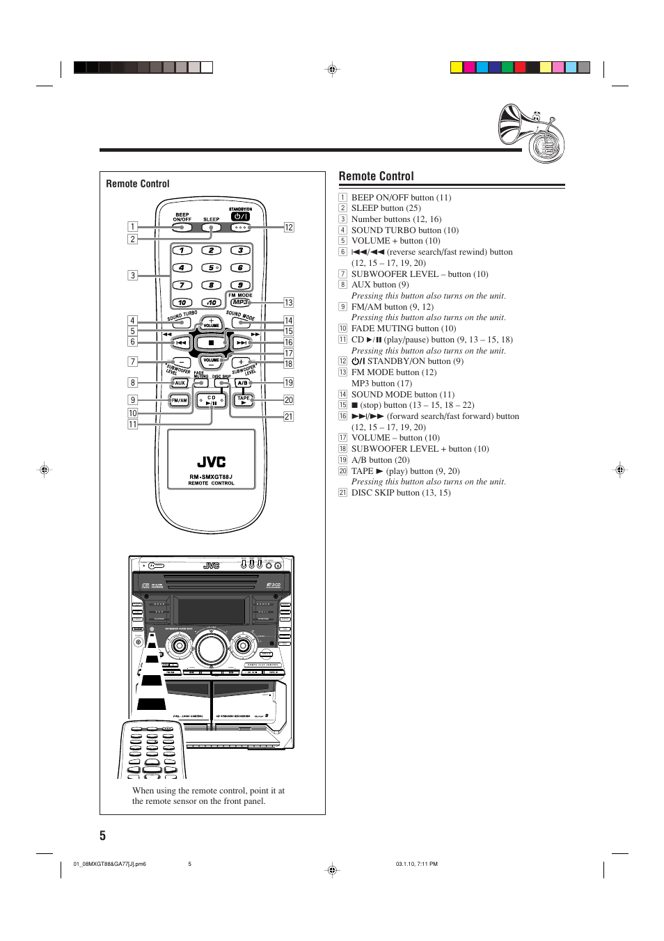 Remote, Remote control, Standby | Rec start / stop cd rec start, Clock / timer cancel / demo standby/on | JVC MX-GA77 User Manual | Page 8 / 44