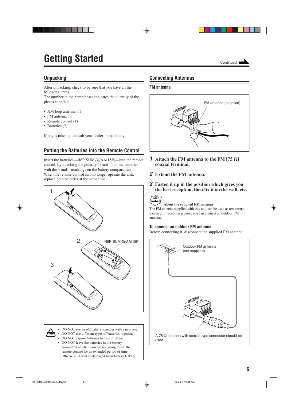 Getting started, Supplied accessories, Connecting antennas | Unpacking, Putting the batteries into the remote control | JVC MX-GA77 User Manual | Page 9 / 44