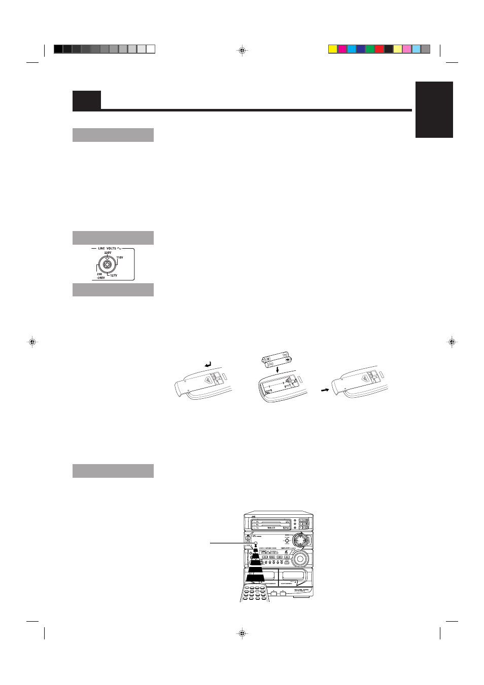 Getting started, Accessories, Set the voltage selector switch | How to put batteries in the remote control, Using the remote control | JVC MX-V508T User Manual | Page 7 / 48