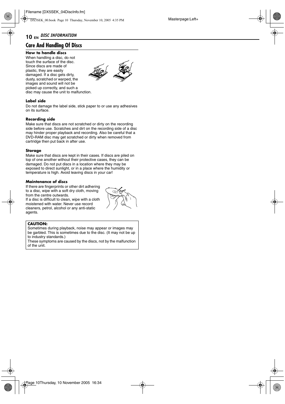 Care and handling of discs | JVC DR-DX5SEK User Manual | Page 10 / 92