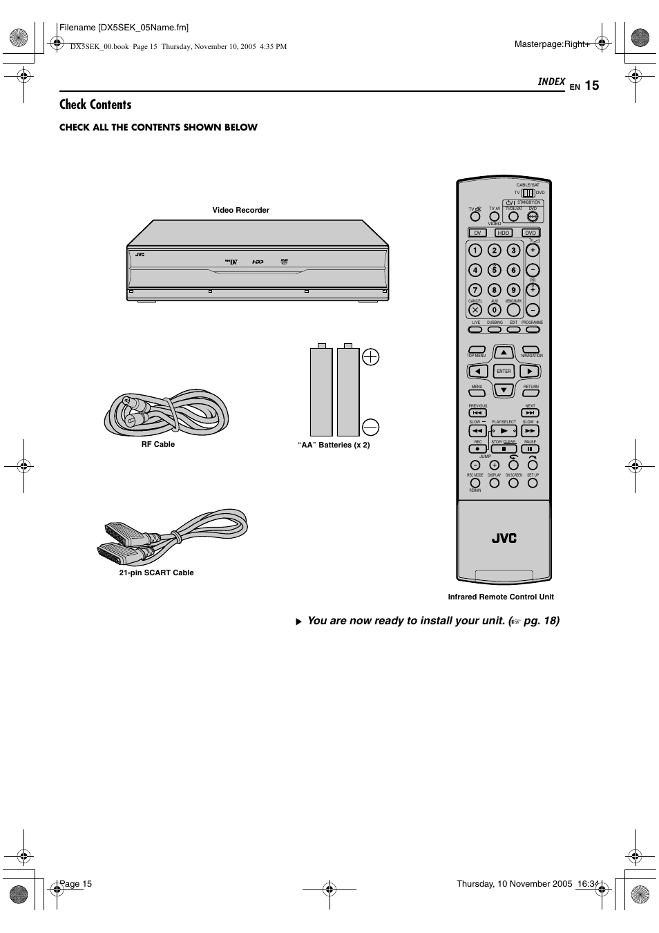 Check contents, Index, You are now ready to install your unit | Pg. 18), Ram/rw, Masterpage:right, Filename [dx5sek_05name.fm, Check all the contents shown below | JVC DR-DX5SEK User Manual | Page 15 / 92