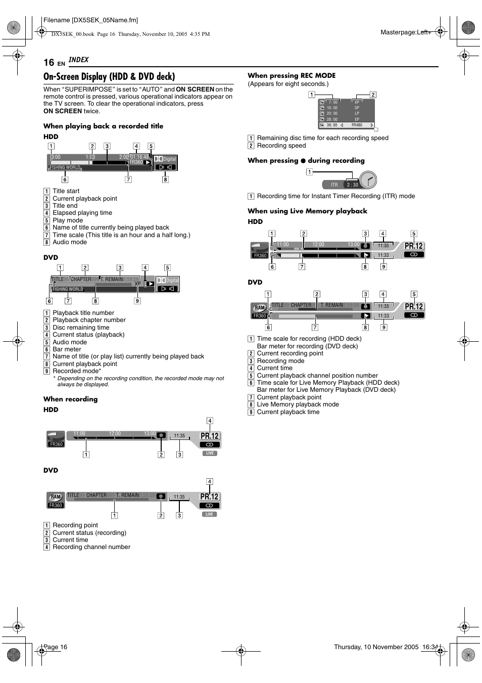 A pg. 16, 29, On-screen display (hdd & dvd deck), Pr.12 | Index | JVC DR-DX5SEK User Manual | Page 16 / 92