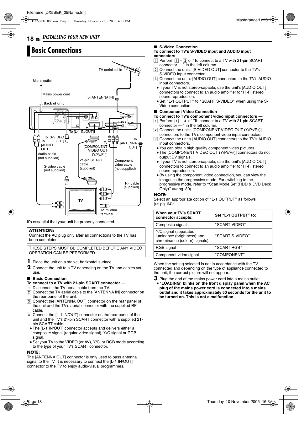 Installing your new unit, Basic connections, A pg. 18 | A pg. 18, 63, 70 | JVC DR-DX5SEK User Manual | Page 18 / 92