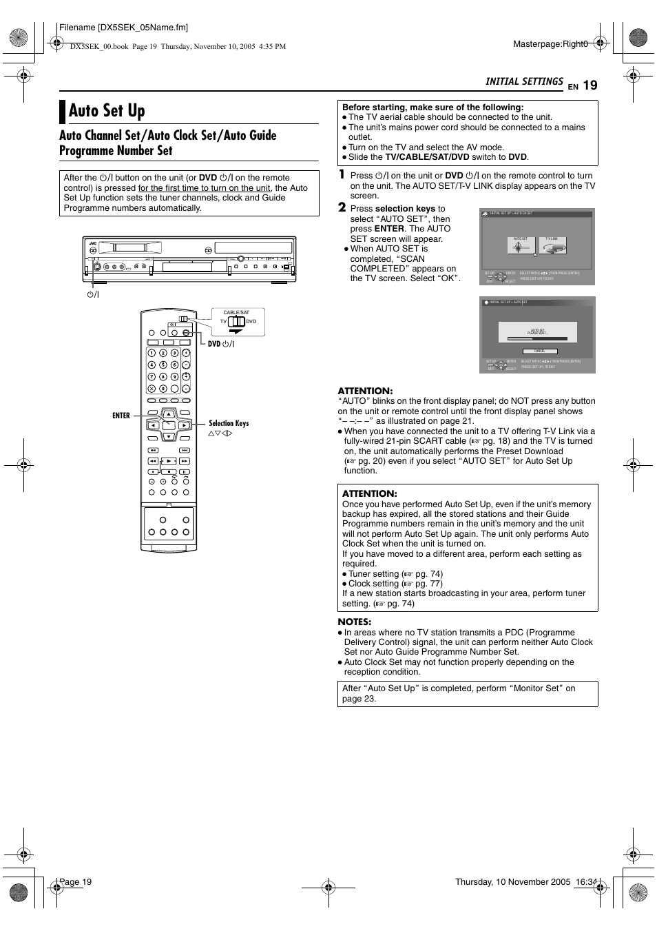 Initial settings, Auto set up, A pg. 19 | JVC DR-DX5SEK User Manual | Page 19 / 92