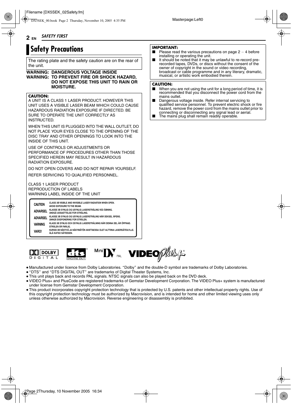 Safety precautions | JVC DR-DX5SEK User Manual | Page 2 / 92