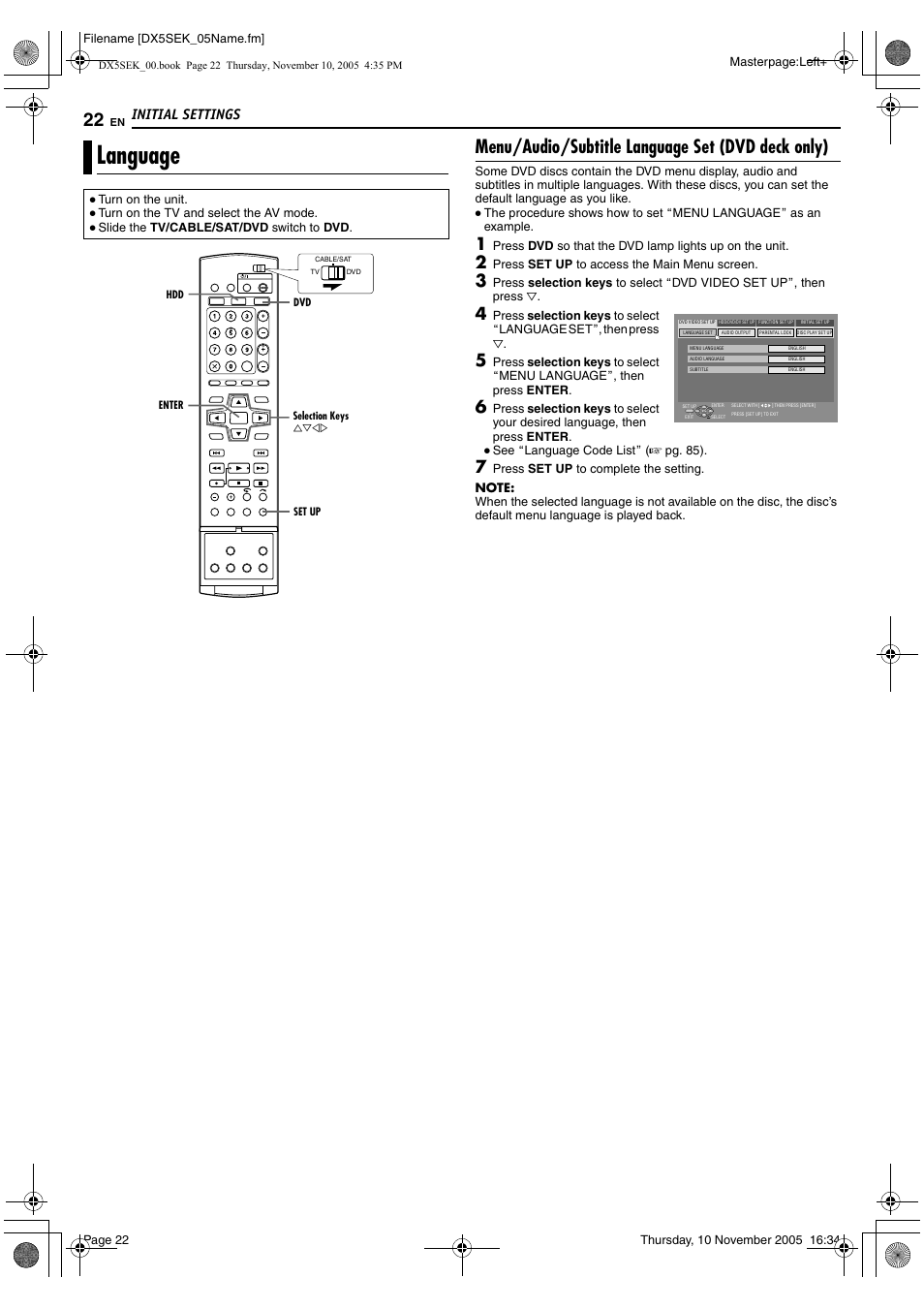 Language, A pg. 22, 24, A pg. 22, 68, 69 | A pg. 22, 71, Menu/audio/subtitle language set (dvd deck only), Initial settings | JVC DR-DX5SEK User Manual | Page 22 / 92