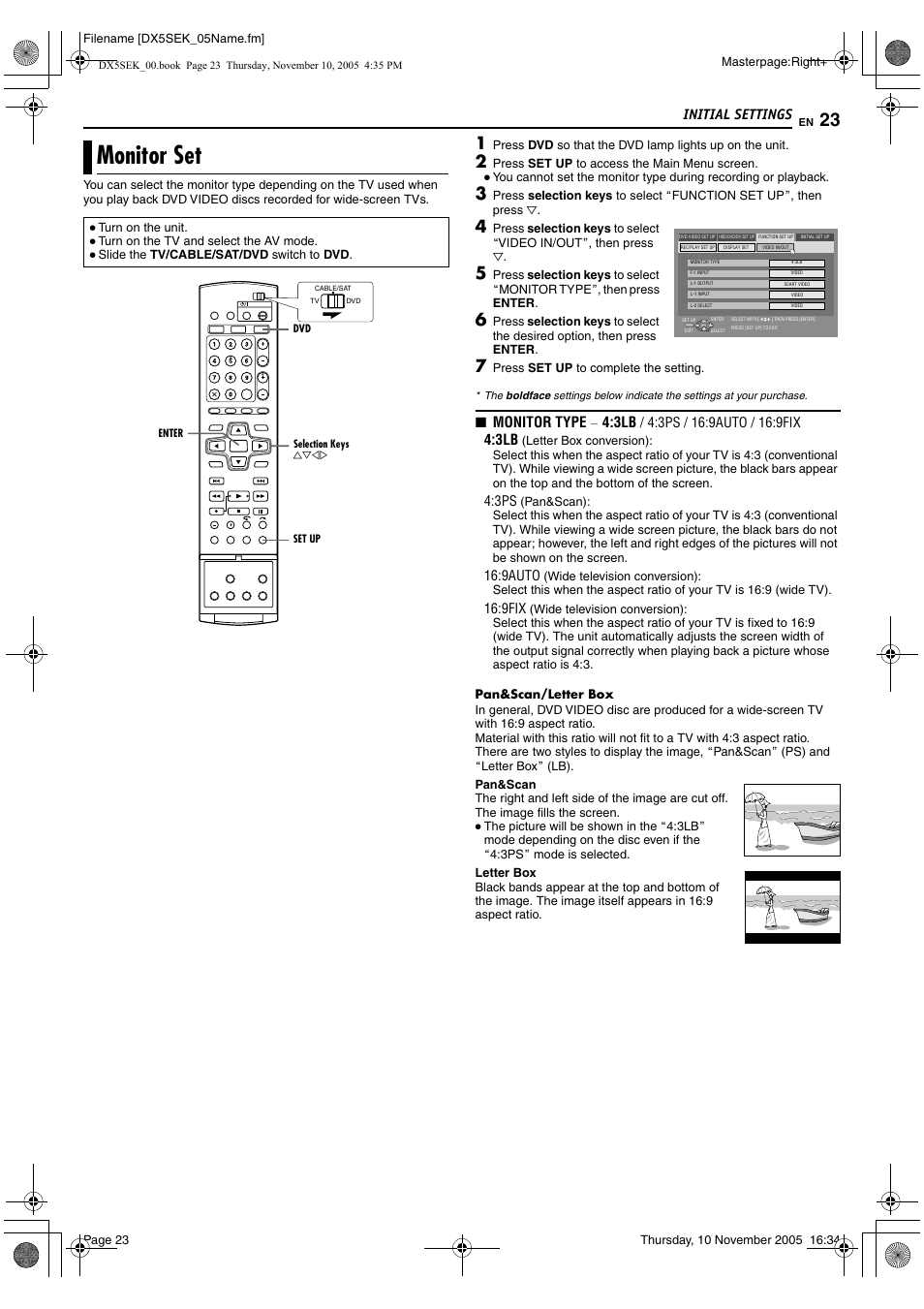 Monitor set, Amonitor setb, Initial settings | Monitor type | JVC DR-DX5SEK User Manual | Page 23 / 92