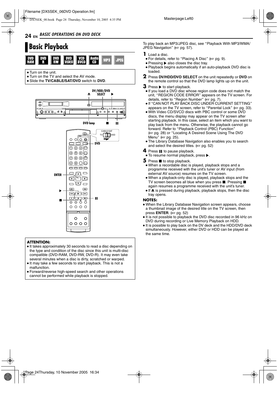 Basic operations on dvd deck, Basic playback, A pg. 24, 37 | A pg. 24, 39, A pg. 24, 3, N* a pg. 24 | JVC DR-DX5SEK User Manual | Page 24 / 92