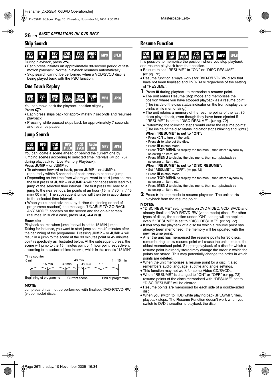 A pg. 26, 39, 42, A pg. 26, 40, 4, Skip search | One touch replay, Jump search, Resume function | JVC DR-DX5SEK User Manual | Page 26 / 92