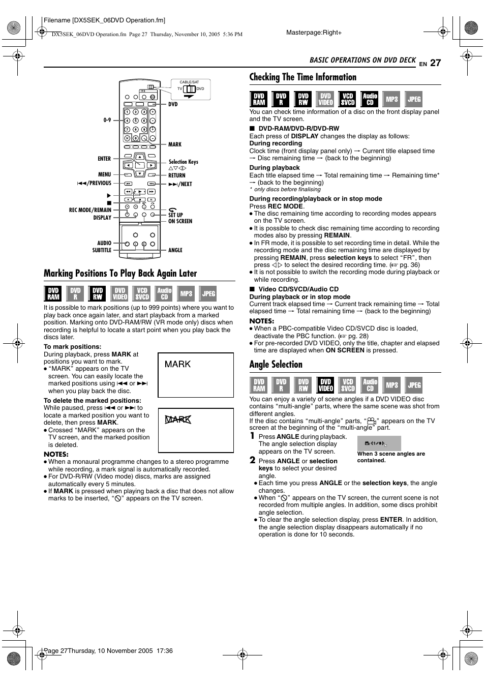 Tor a pg. 27, 35, A pg. 27, 3, A pg. 27, 35, 42 | A pg. 27, Marking positions to play back again later, Checking the time information, Angle selection | JVC DR-DX5SEK User Manual | Page 27 / 92