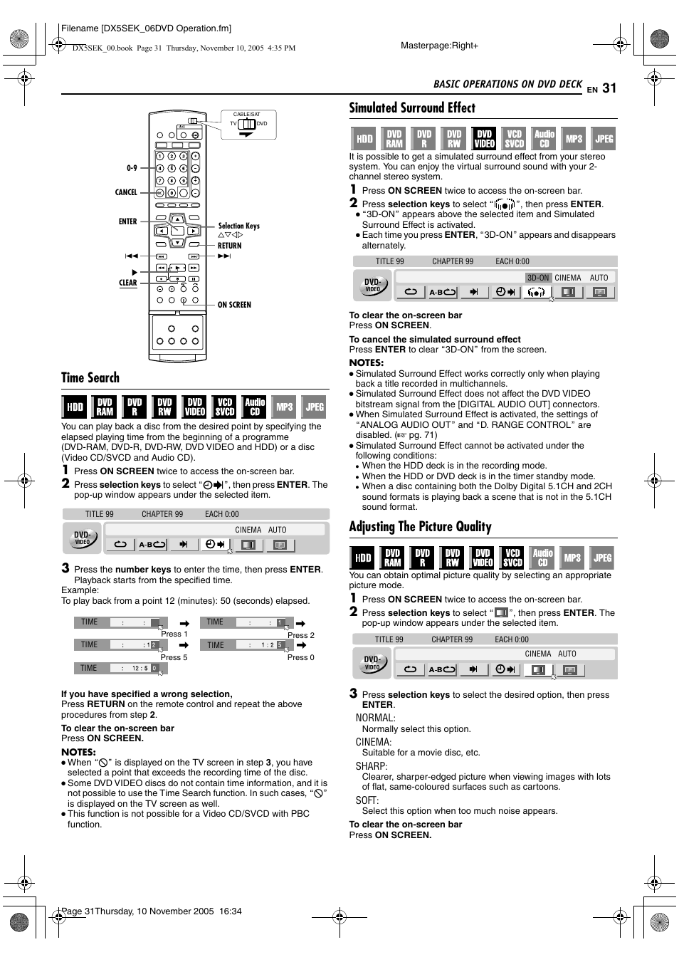 A pg. 31, A pg. 31), R picture control function. (a pg. 31) | Time search, Simulated surround effect, Adjusting the picture quality | JVC DR-DX5SEK User Manual | Page 31 / 92