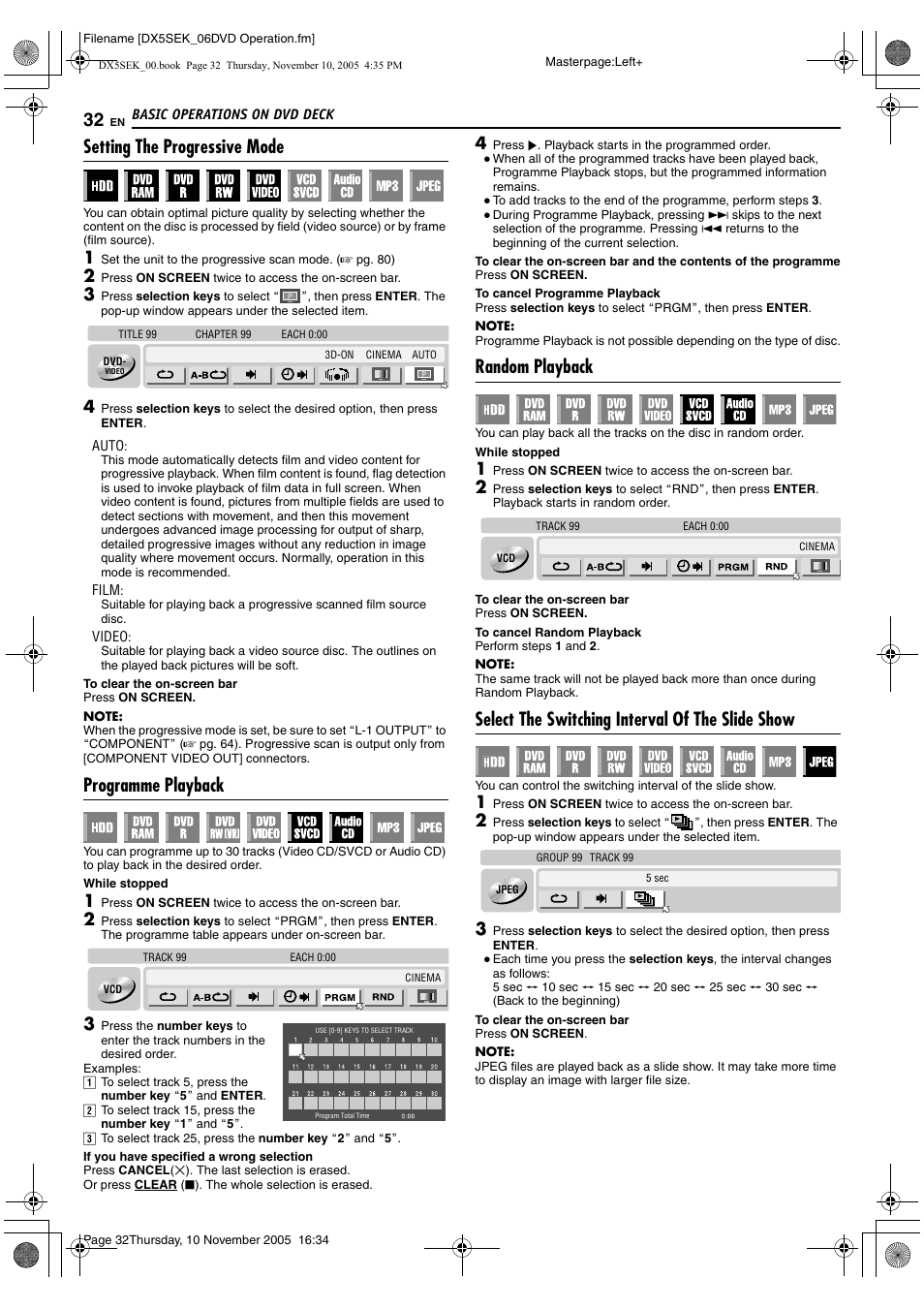 A pg. 32, A pg. 32), K. (a pg. 32) | Setting the progressive mode, Programme playback, Random playback, Select the switching interval of the slide show | JVC DR-DX5SEK User Manual | Page 32 / 92