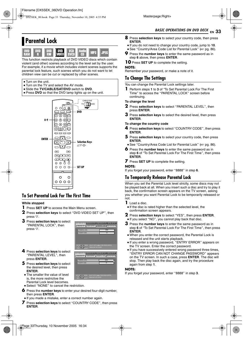 Parental lock, R to, Aparental lockb (a pg. 33) | Basic operations on dvd deck | JVC DR-DX5SEK User Manual | Page 33 / 92