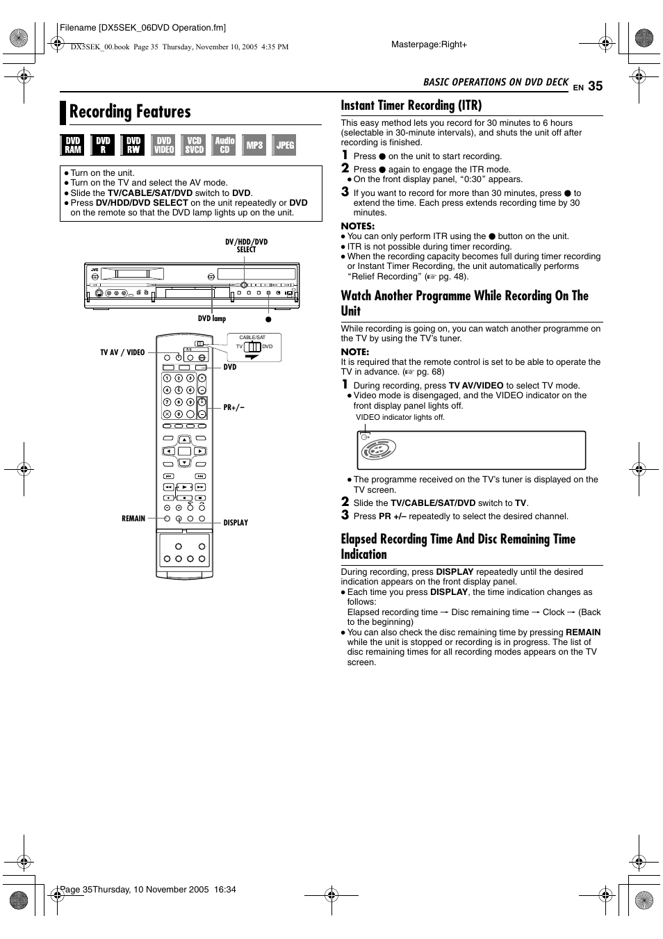 Recording features, A pg. 35, 3, Instant timer recording (itr) | JVC DR-DX5SEK User Manual | Page 35 / 92