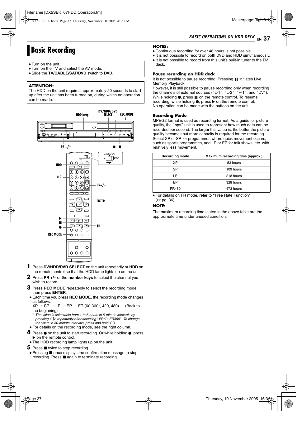 Basic operations on hdd deck, Basic recording, A pg. 37 | JVC DR-DX5SEK User Manual | Page 37 / 92