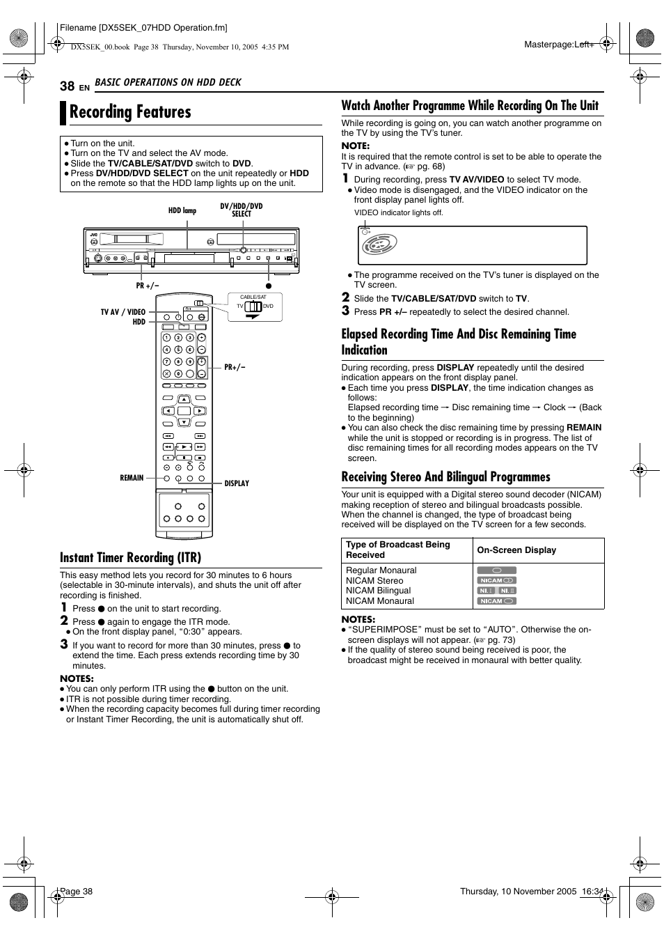 Recording features, Instant timer recording (itr), Receiving stereo and bilingual programmes | JVC DR-DX5SEK User Manual | Page 38 / 92