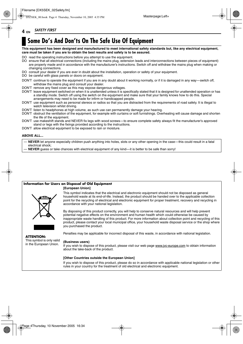 Some do’s and don’ts on the safe use of equipment | JVC DR-DX5SEK User Manual | Page 4 / 92