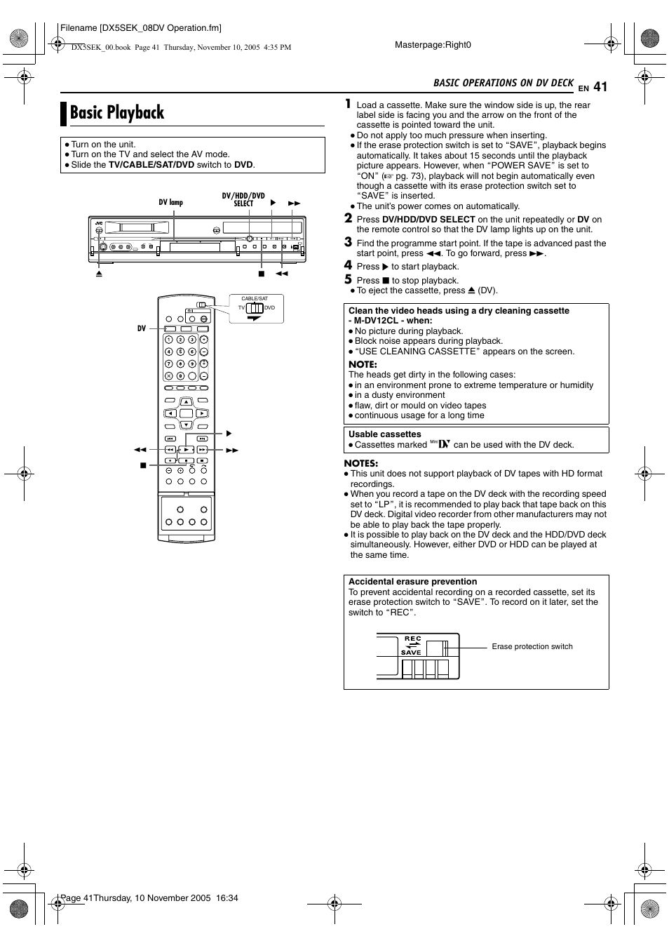 Basic operations on dv deck, Basic playback, A pg. 41 | A pg. 41, 42, A pg. 41, 4 | JVC DR-DX5SEK User Manual | Page 41 / 92