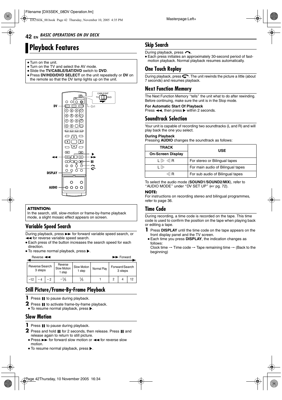 Playback features, A pg. 42, Variable speed search | Still picture/frame-by-frame playback, Slow motion, Skip search, One touch replay, Soundtrack selection, Time code | JVC DR-DX5SEK User Manual | Page 42 / 92