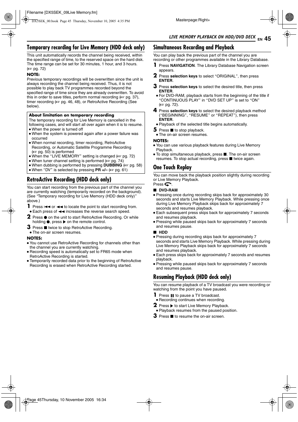 Retroactive recording (hdd deck only), Simultaneous recording and playback, One touch replay | Resuming playback (hdd deck only) | JVC DR-DX5SEK User Manual | Page 45 / 92