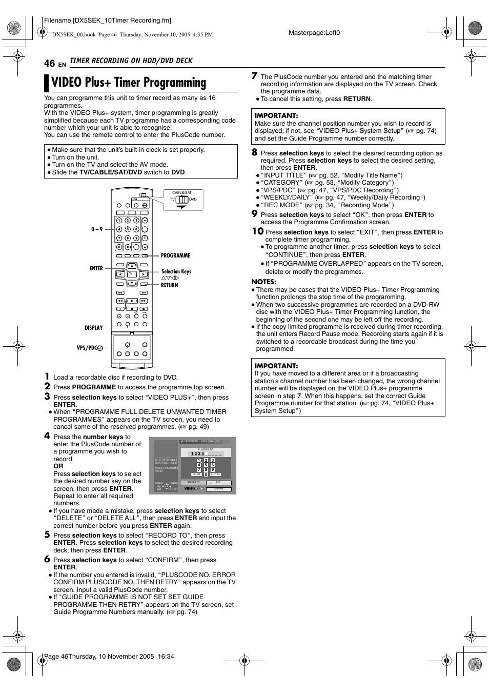 Timer recording on hdd/dvd deck, Video plus+ timer programming, A pg. 46, 48 | A pg. 46), Recording (a pg. 46, 48), Avideo plus+ timer programmingb (a pg. 46), 8 to, G (a pg. 46, 48) | JVC DR-DX5SEK User Manual | Page 46 / 92