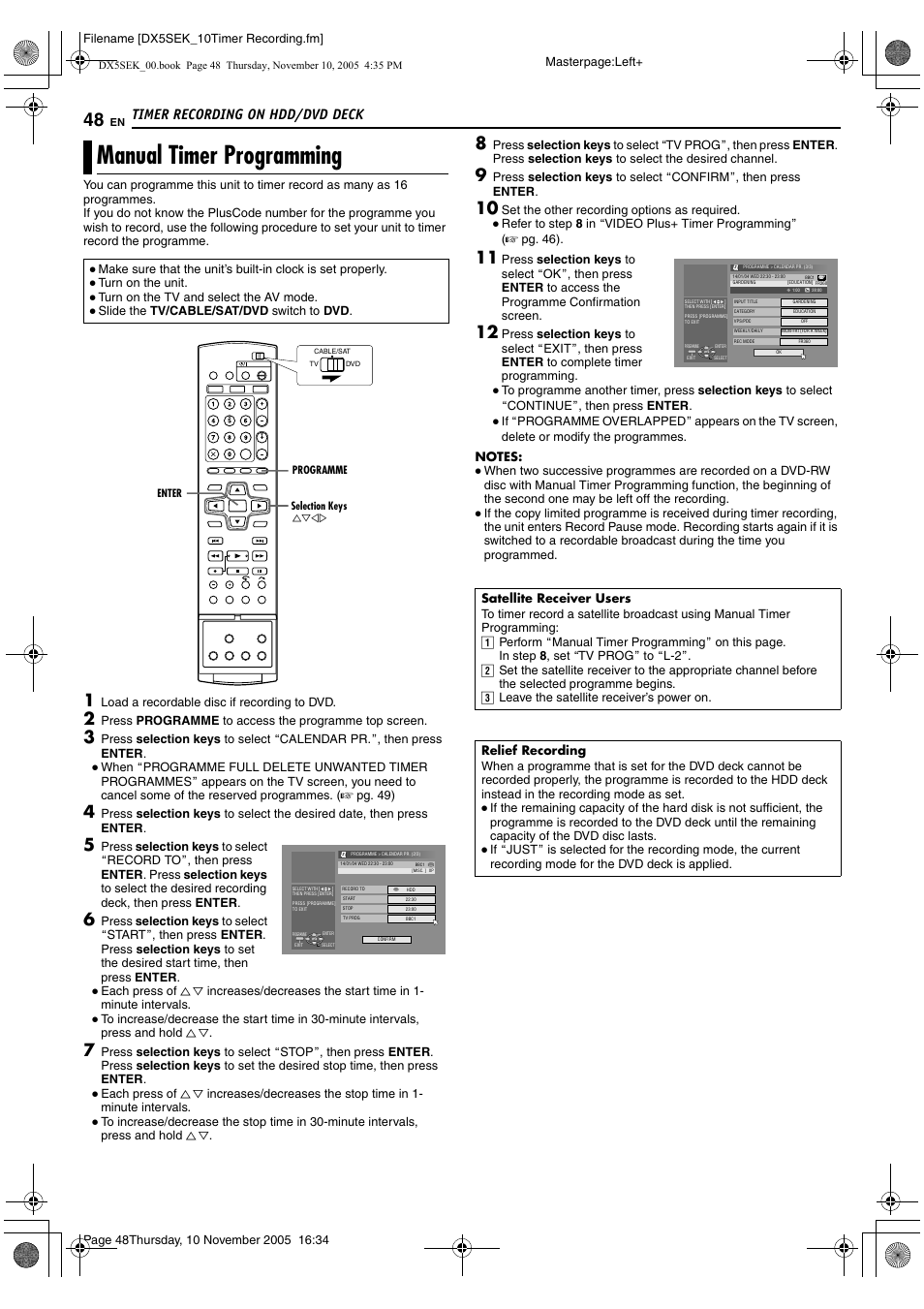 Manual timer programming, Arelief recordingb (a pg. 48). t, K has stopped. (a pg. 48 | Arelief recordingb), Timer recording on hdd/dvd deck | JVC DR-DX5SEK User Manual | Page 48 / 92