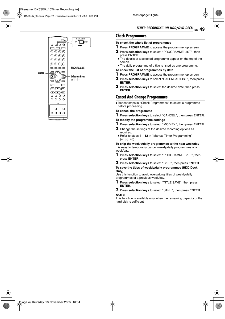 A pg. 49), Check programmes, Cancel and change programmes | JVC DR-DX5SEK User Manual | Page 49 / 92