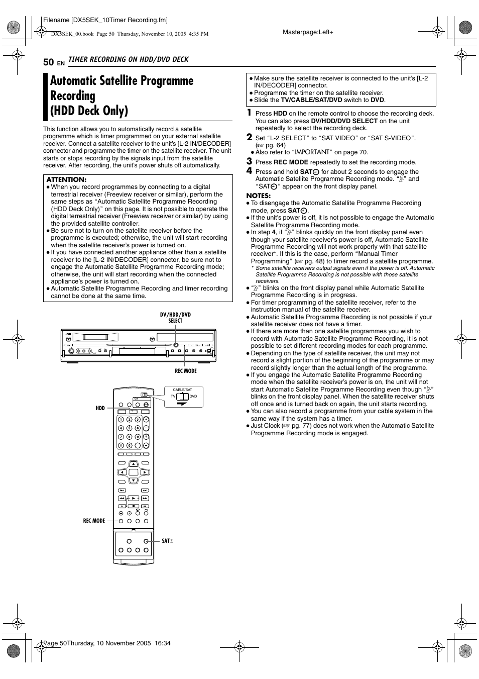 Automatic satellite programme recording, Hdd deck only), De (a pg. 50), sl | A pg. 50, A pg. 50) is perf | JVC DR-DX5SEK User Manual | Page 50 / 92