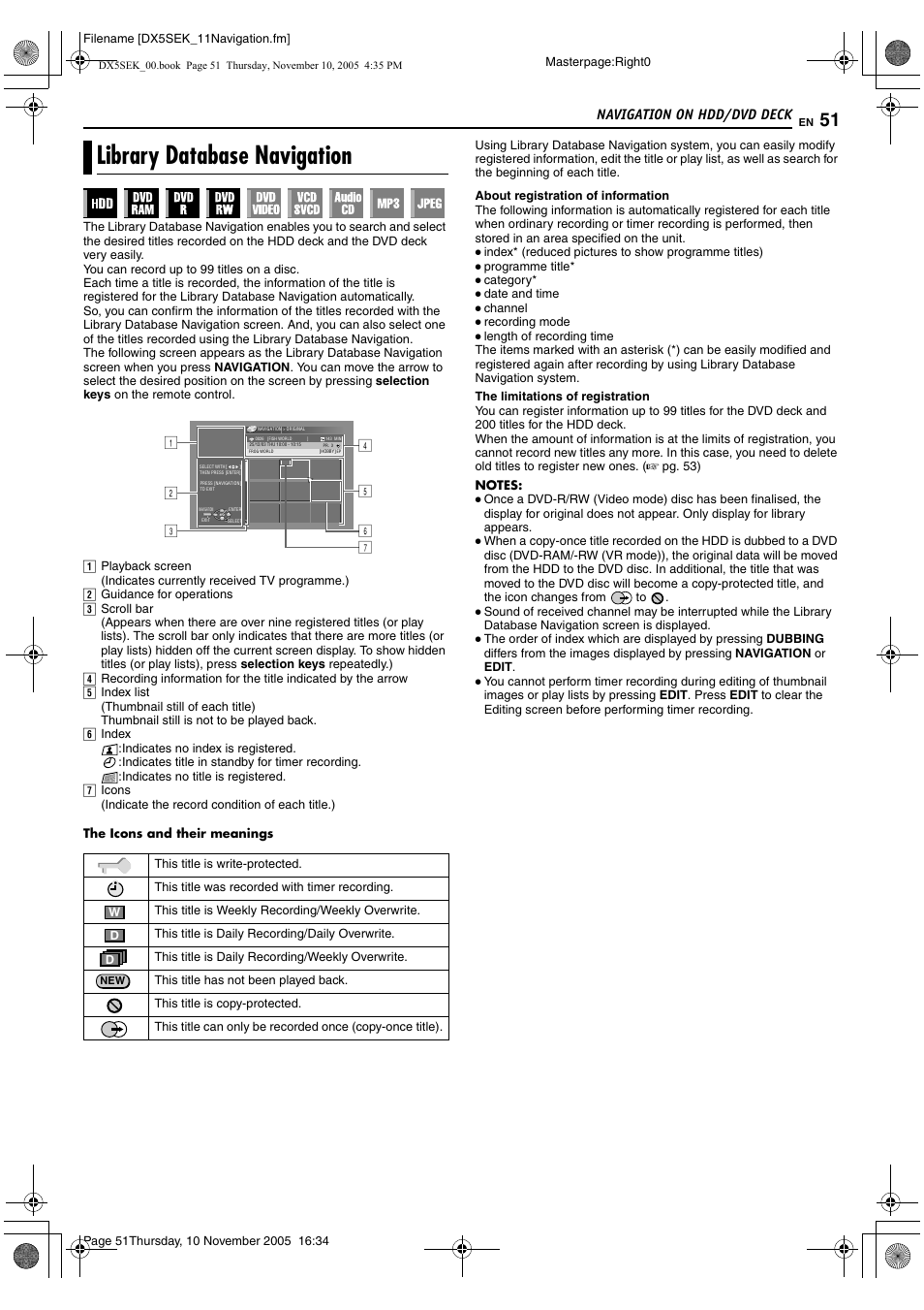 Navigation on hdd/dvd deck, Library database navigation, A pg. 51, 57 | Tomatically recorded. (a pg. 51) t, Pg. 51) | JVC DR-DX5SEK User Manual | Page 51 / 92