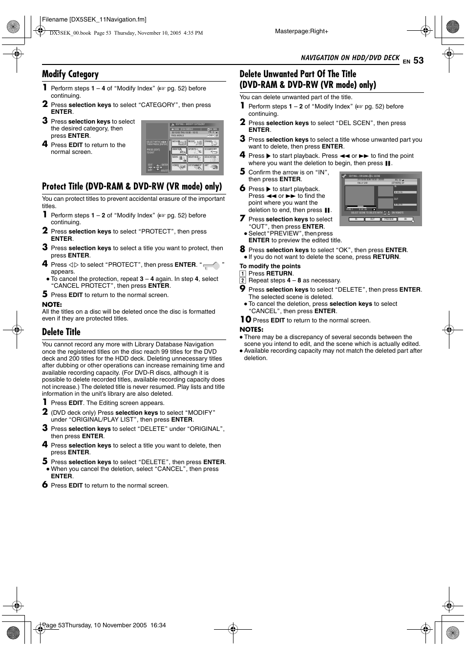 A pg. 53, amodify categoryb), Modify category, Protect title (dvd-ram & dvd-rw (vr mode) only) | Delete title, Navigation on hdd/dvd deck | JVC DR-DX5SEK User Manual | Page 53 / 92