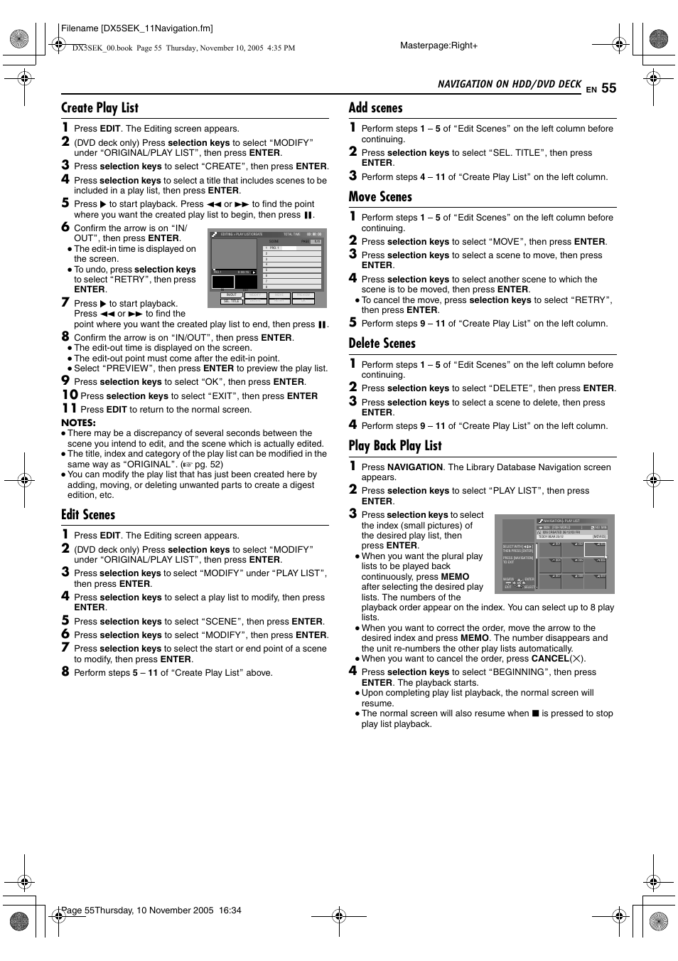 Create play list, Edit scenes, Add scenes | Move scenes, Delete scenes, Play back play list, Navigation on hdd/dvd deck | JVC DR-DX5SEK User Manual | Page 55 / 92