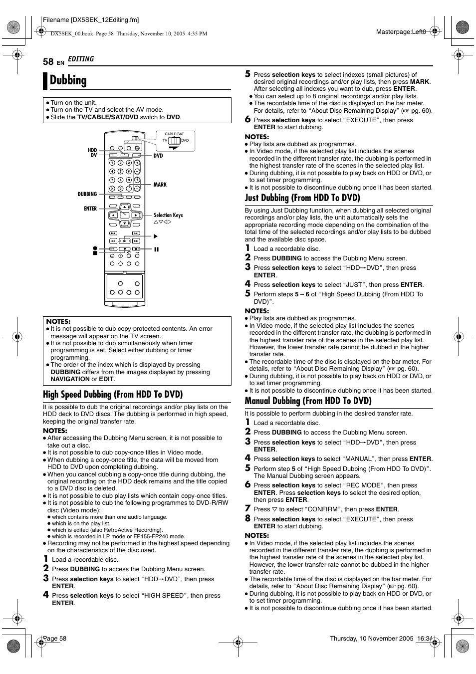 Editing, Dubbing, A pg. 58 | A pg. 58), High speed dubbing (from hdd to dvd), Just dubbing (from hdd to dvd), Manual dubbing (from hdd to dvd) | JVC DR-DX5SEK User Manual | Page 58 / 92