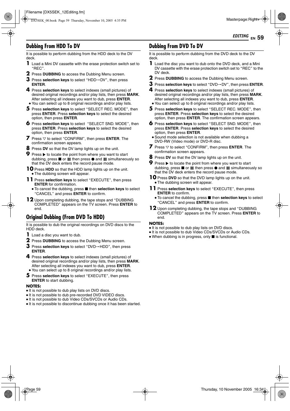 Dubbing from hdd to dv, Original dubbing (from dvd to hdd), Dubbing from dvd to dv | JVC DR-DX5SEK User Manual | Page 59 / 92