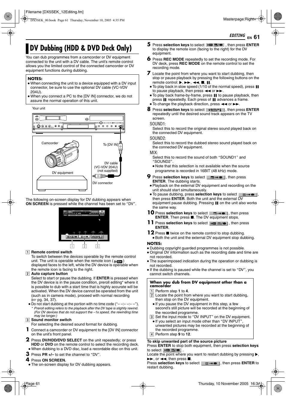 Dv dubbing (hdd & dvd deck only), A pg. 61, T. (a pg. 61 | Adv dubbing (hdd & dvd, Deck only), A pg. 61), Editing | JVC DR-DX5SEK User Manual | Page 61 / 92