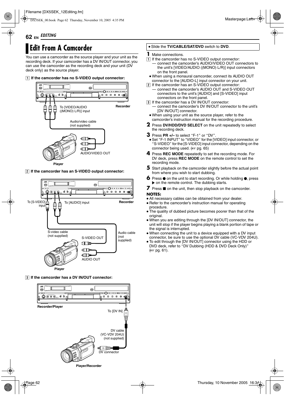 Edit from a camcorder, A pg. 62 | JVC DR-DX5SEK User Manual | Page 62 / 92