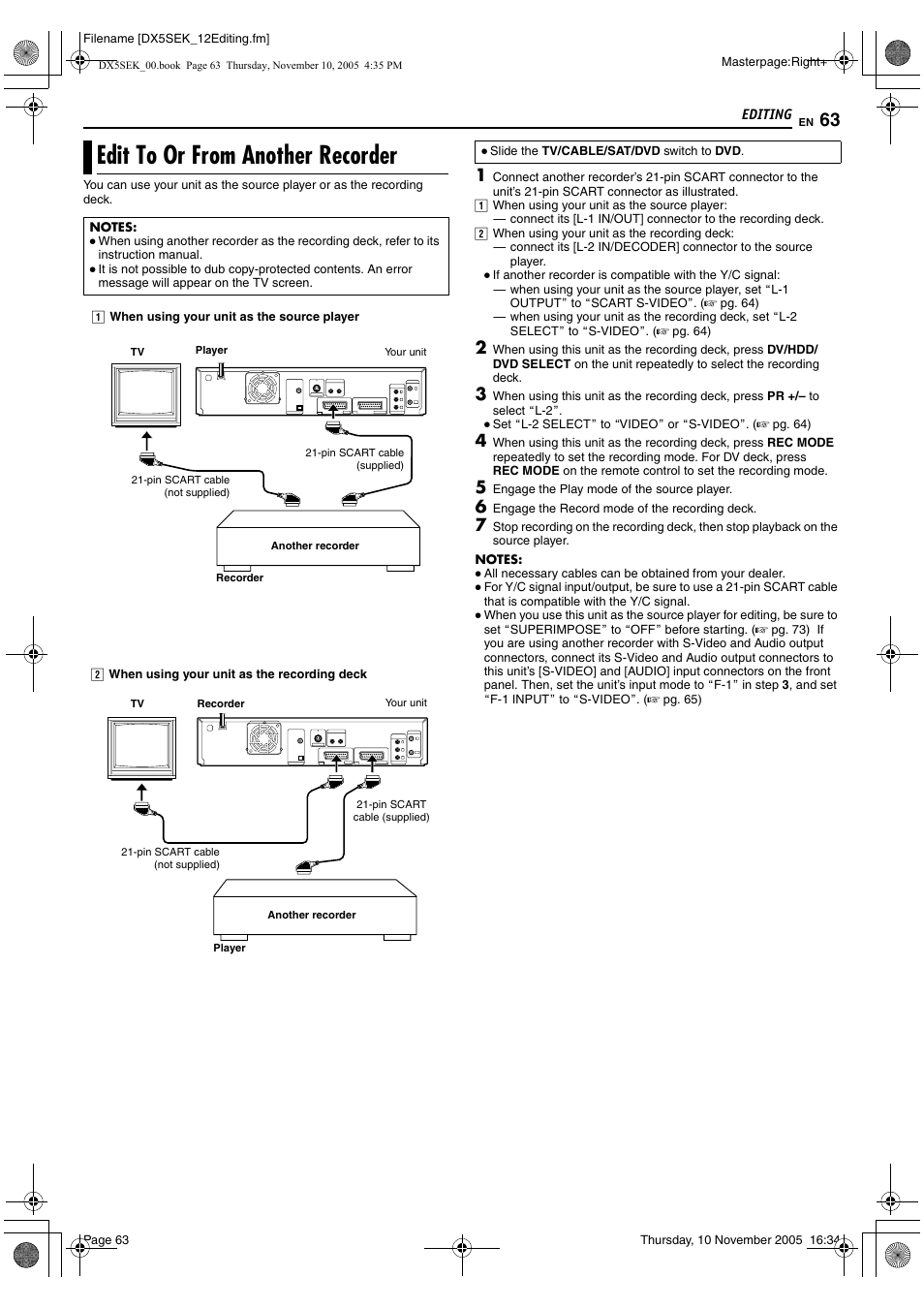 Edit to or from another recorder, A pg. 63 | JVC DR-DX5SEK User Manual | Page 63 / 92