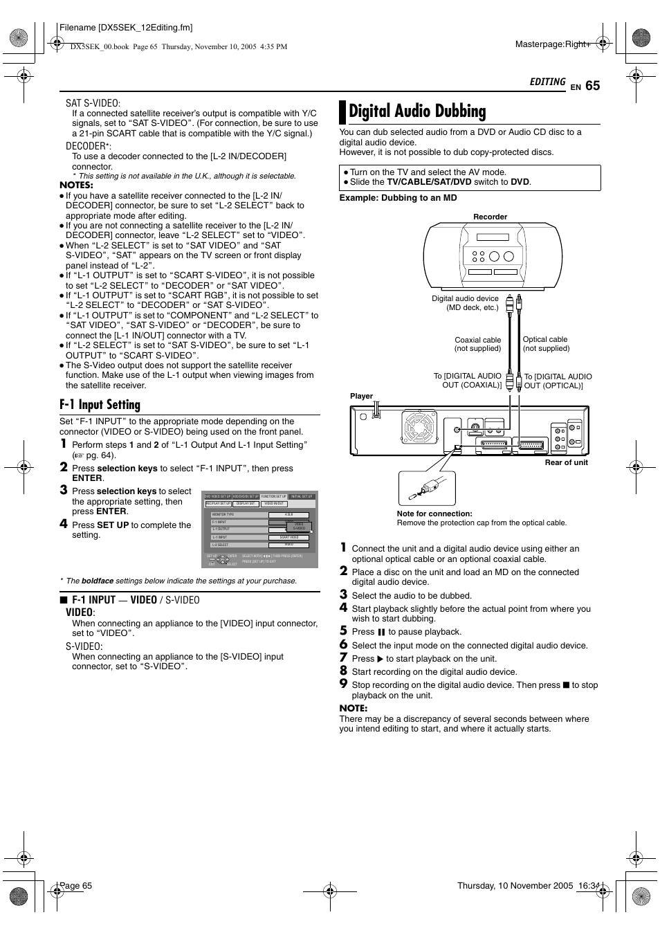 Digital audio dubbing, A pg. 65, 70, A pg. 65) | F-1 input setting, Editing, F-1 input, Video | JVC DR-DX5SEK User Manual | Page 65 / 92