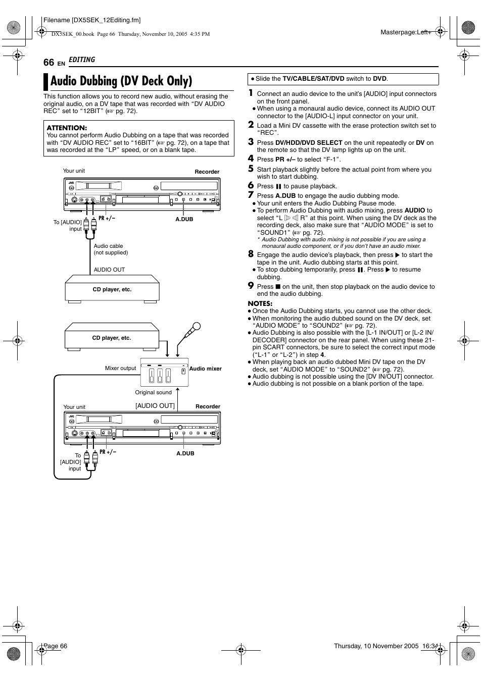 Audio dubbing (dv deck only), A pg. 66 | JVC DR-DX5SEK User Manual | Page 66 / 92