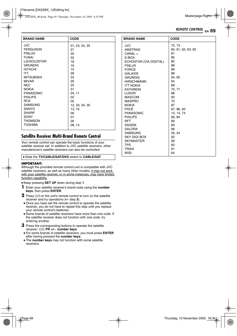 Satellite receiver multi-brand remote control | JVC DR-DX5SEK User Manual | Page 69 / 92