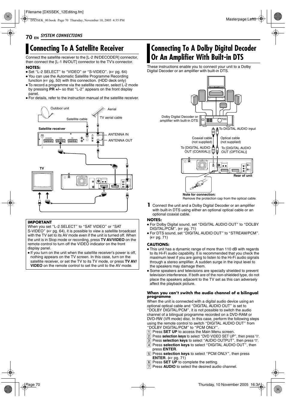 System connections, With built-in dts, Mode) disc. (a pg. 70) in | R to, Aimportantb, A pg. 70), Connecting to a satellite receiver | JVC DR-DX5SEK User Manual | Page 70 / 92