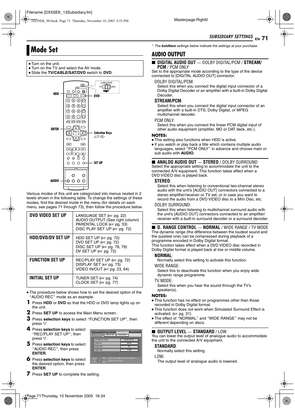 Subsidiary settings, Mode set, A pg. 71) | Audio output | JVC DR-DX5SEK User Manual | Page 71 / 92